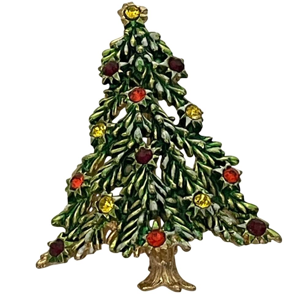 Vintage Hedy Christmas Tree Pin Brooch Rhinestone Flocked Glam Sparkle Holiday
